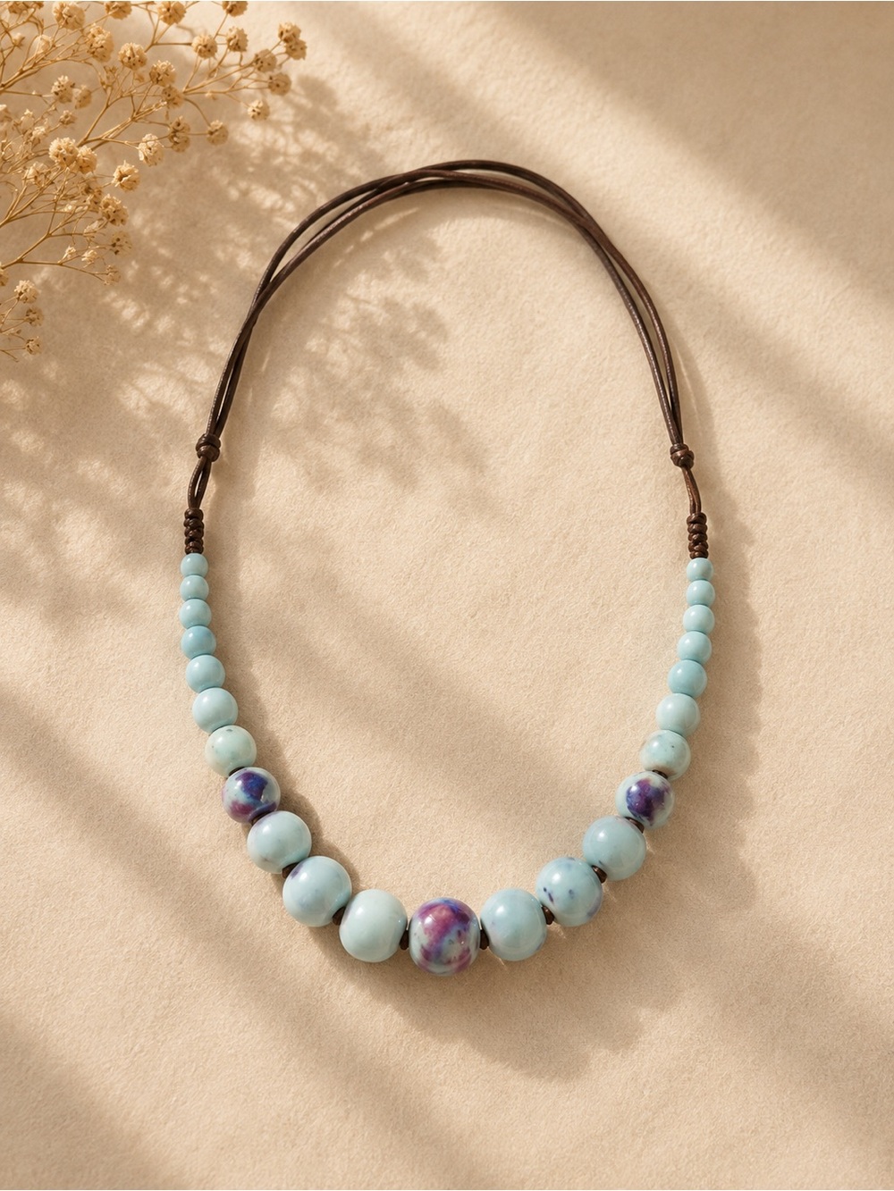 Light Blue Beaded Necklace with Purple Accents - Women Jewelry